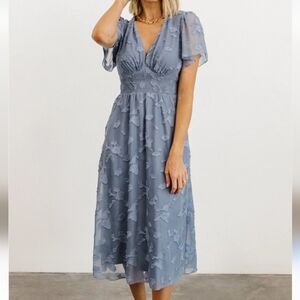 Baltic Born June Blue Smocked Midi Dress Size XS Floral Burnout Chiffon